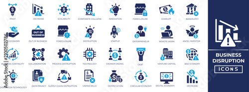 Canvastavla Business disruption solid icon set: bankruptcy, economic pivot,debt, economic, loss, unpaid bills, corporate risk and crowdfunding symbols for design