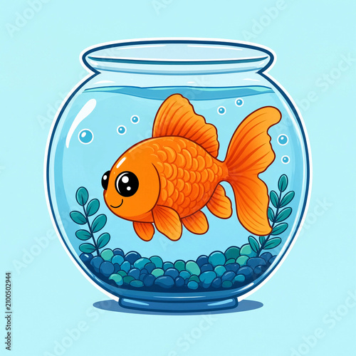 Goldfish swimming happily in a round glass bowl with pebbles and aquatic plants. Bright cartoon illustration suitable for kids, pet or decorative themes with copy space.