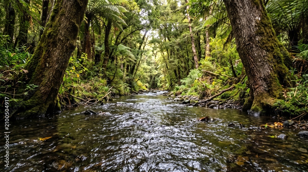Fototapeta premium A serene river flows gently through a dense tropical forest landscape with trees.