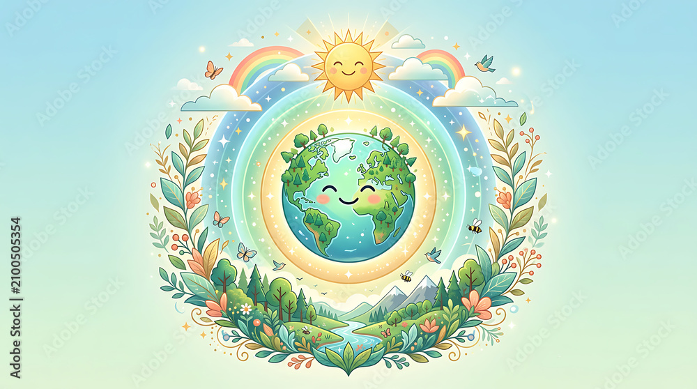 Obraz premium Happy Smiling Earth Day Illustration with Nature and Sun