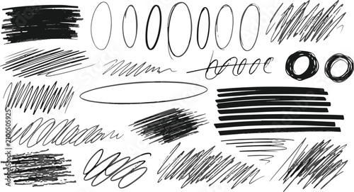 Collection of hand drawn pencil scribble shapes with rough texture for creative 