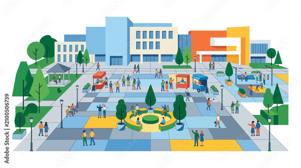 Fototapeta premium Urban plaza with people enjoying outdoor activities, food stalls, and modern architecture