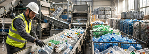A professional recycling plant worker sorting empty plastic bottles on a moving conveyor belt in a large waste processing facility. The image highlights circular economy, sustainable manufacturing.