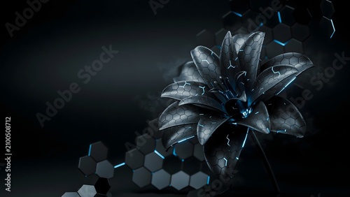 Graphene-inspired hexagonal flower with blue accents – Suitable for advanced materials research, nanotechnology, or carbon science.
