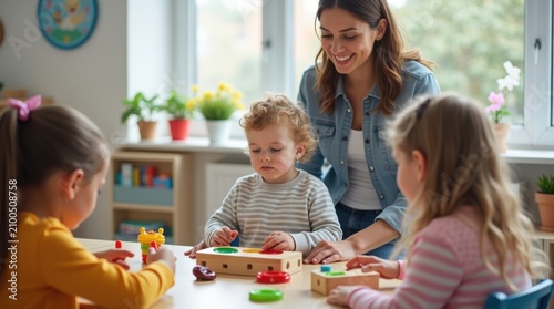 Niño que utiliza herramientas de aprendizaje sensorial mientras participa con sus compañeros de clase
