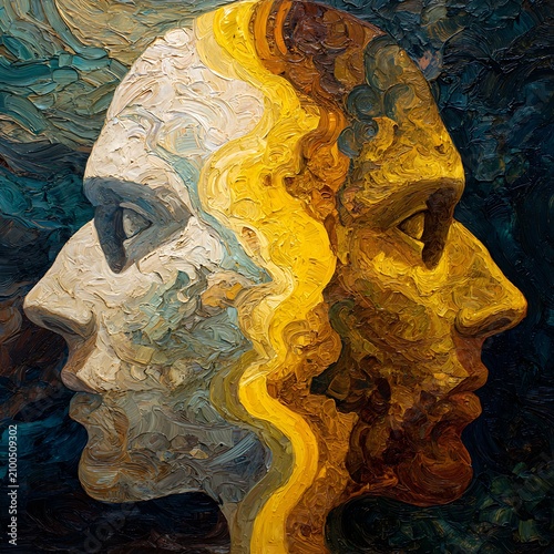 A textured oil painting depicting two human faces in profile, fused together, one in cool tones and the other in warm tones, separated by a yellow wavy line.