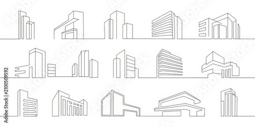 Modern architectural building outlines in a minimalist line art style