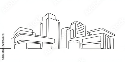 Modern architectural skyline depicted in a continuous line drawing style
