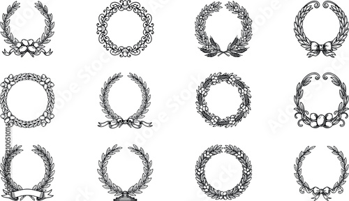 Photos Vintage black laurel wreath and heraldry trophy frames vector set featuring roya