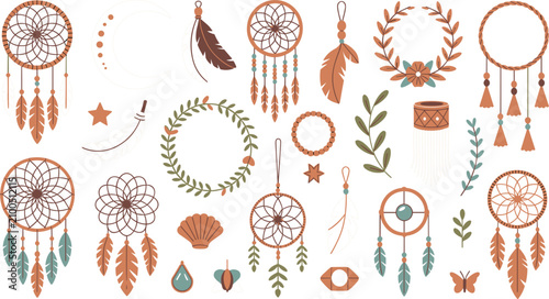 Konstfotografi Bohemian dream catcher icons collection featuring feathers beads floral wreaths