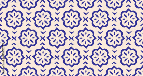 Hand drawn geometric blue seamless pattern in flat contour style, classic mediterranean ceramic tile ornament with elegant floral motifs, azulejo inspired vector background for rustic home aesthetics