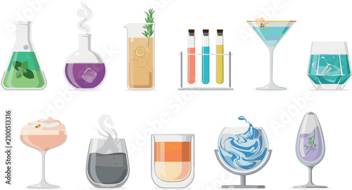 Tableau sur toile Colorful chemistry cocktail drinks vector set featuring laboratory flasks test t
