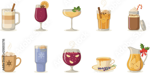 Fotografía Cozy winter drinks vector set featuring hot chocolate mulled wine eggnog coffee