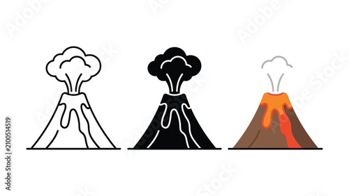 Fotografie Three different colored volcano icons erupting with smoke and lava flows side by