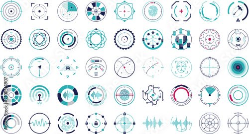 Tableau sur toile Futuristic sci fi HUD tech circle interface elements icons set with radar scope