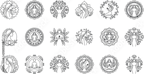 Obraz na płótnie Line art divine feminine icons collection featuring women meditating lotus postu