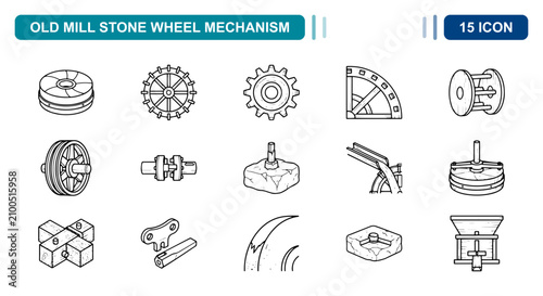 Konstfotografi 15 Old mill stone wheel mechanism linear icon set gear, waterwheel, pulley, UI a