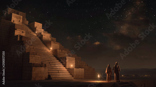Ancient Babylonian priests standing on a massive ziggurat at night, carefully observing the stars above the Mesopotamian city, clay tablets with astronomical markings and calculati