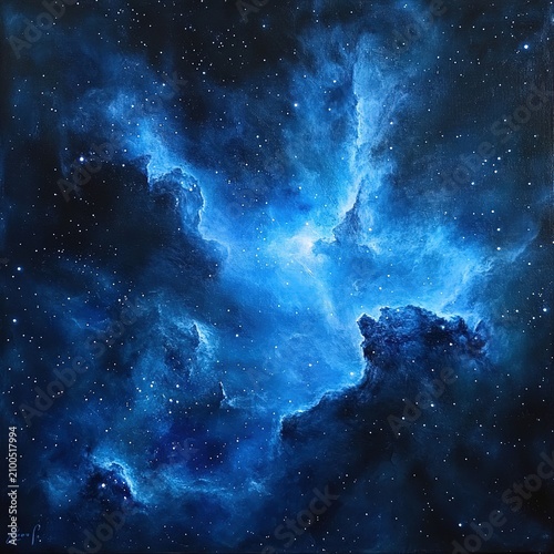 Breathtaking cosmic nebula featuring a vivid blue and black color scheme against a star filled night sky