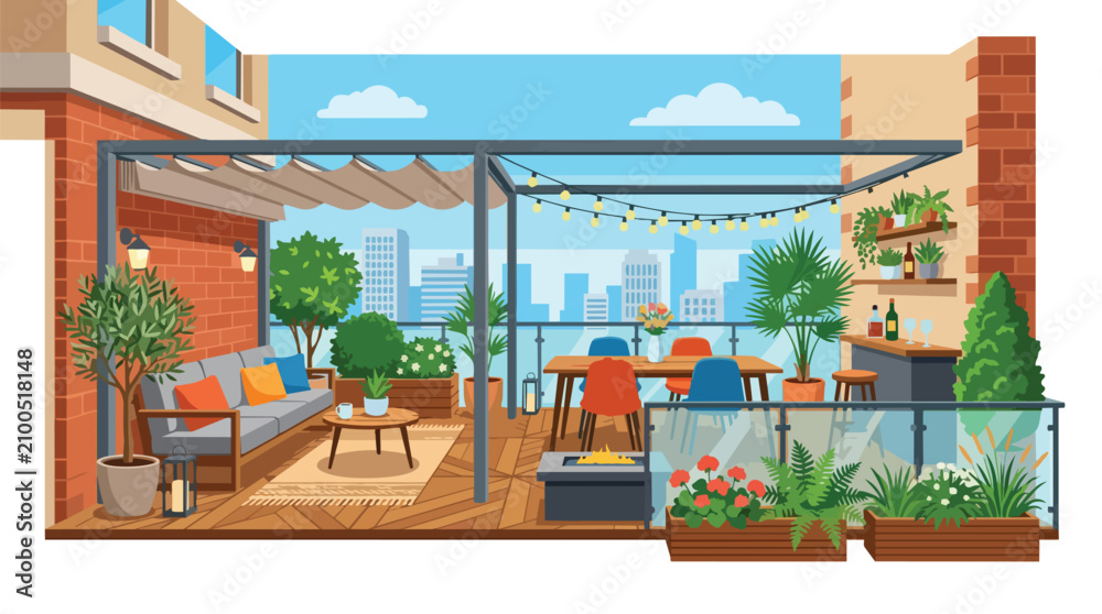 Fototapeta premium Modern Urban Rooftop Terrace Design with Outdoor Furniture Potted Plants and a Beautiful City Skyline View