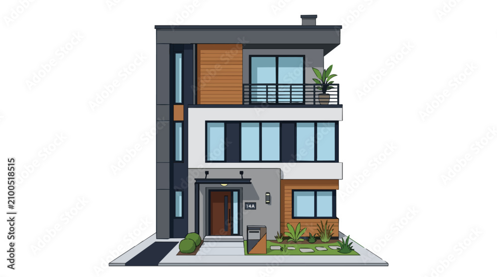 Fototapeta premium Modern Luxury Three Story Residential House Design with Balcony Flat Roof and Wooden Accents Exterior Front View
