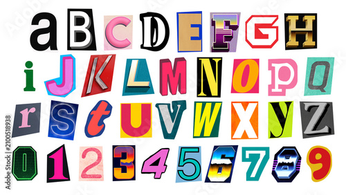 Fotografie Creative ransom style alphabet and number collection made of mixed cutout letters, isolated on transparent background