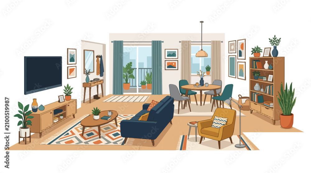 Fototapeta premium Modern Open Plan Living Room Interior Featuring Blue Sofa Yellow Armchair and Balcony View House Decor