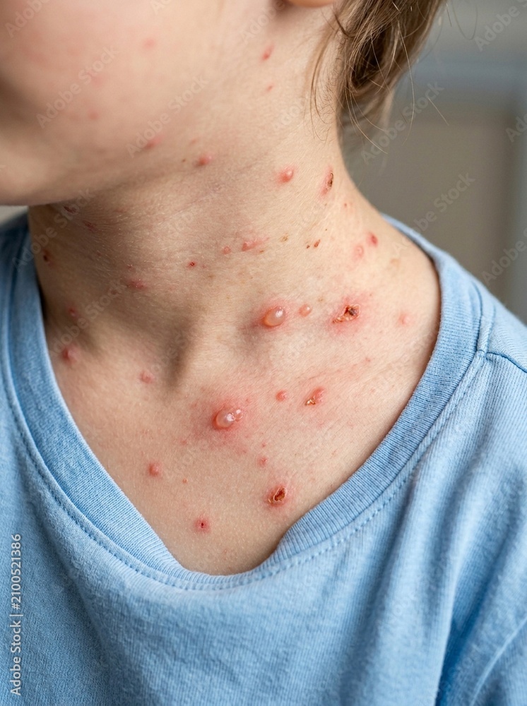 Fototapeta premium Chicken pox viral infection blisters on neck chest
