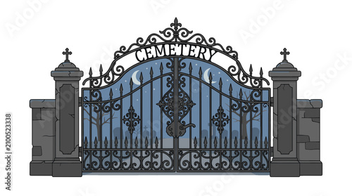 Decorative wrought iron gate with intricate design and stone pillars on a clear day
