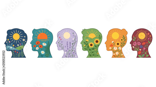 Set of colorful human head silhouettes representing different emotions and psychological states