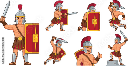 Fotografía Roman gladiator soldier character vector illustration set featuring warrior posi