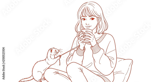 Young woman sips mug with pet ferret indoors