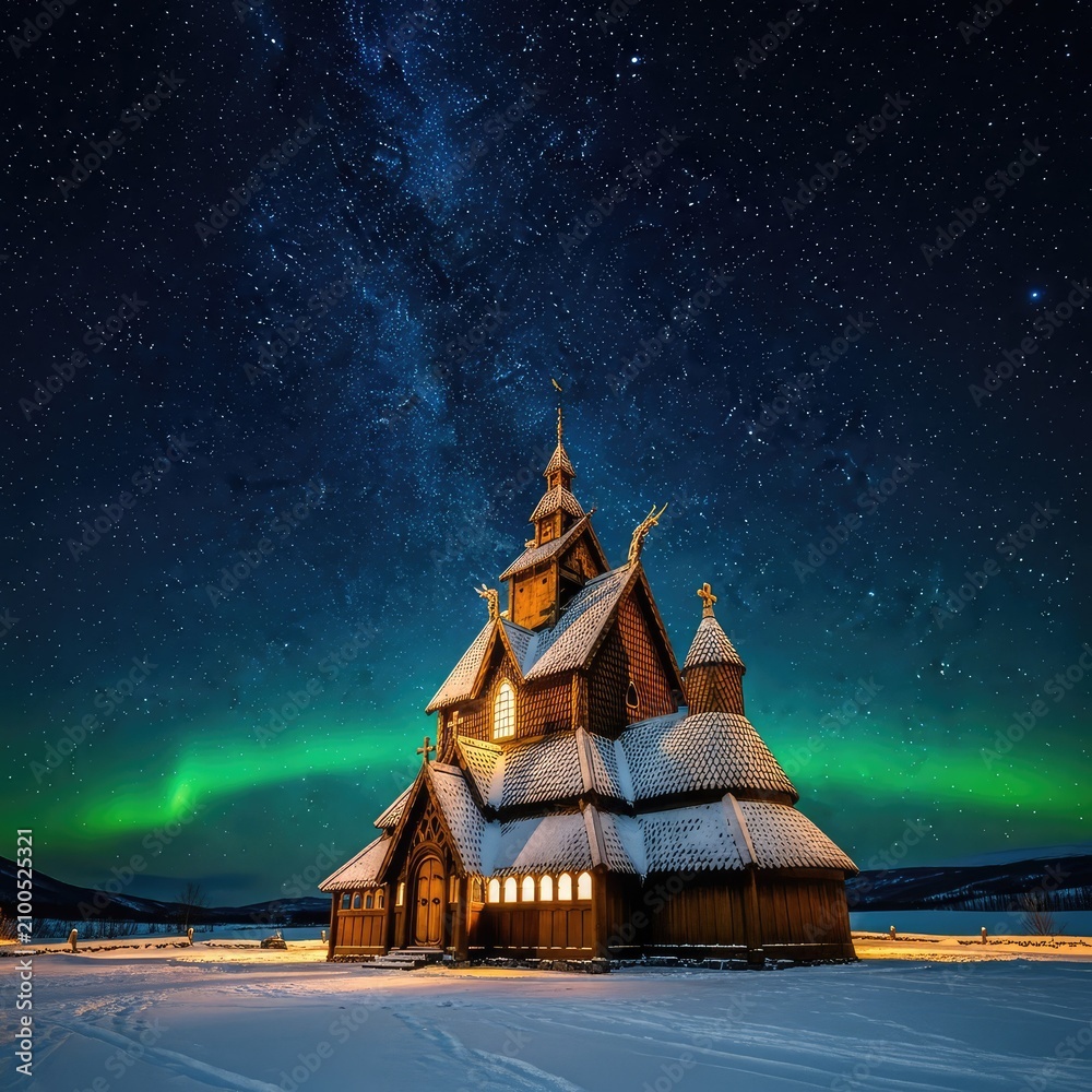 Obraz premium A traditional wooden church radiates soft golden light in a peaceful snowy landscape under a vast night sky filled with bright stars, pristine, cold, warm