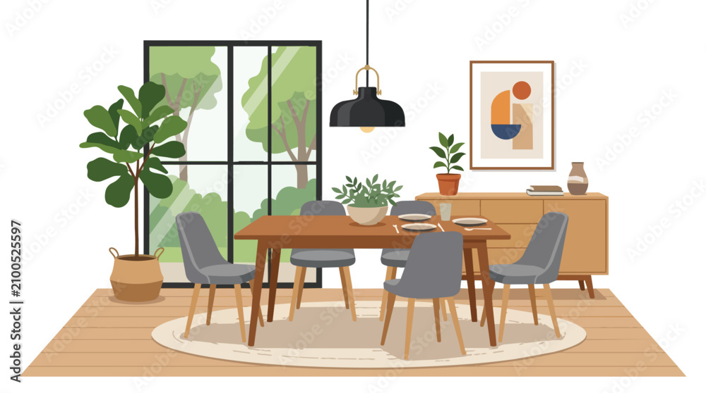 Fototapeta premium Modern Dining Room Interior with Wooden Table Gray Chairs Large Window View Potted Plant and Minimalist Decor