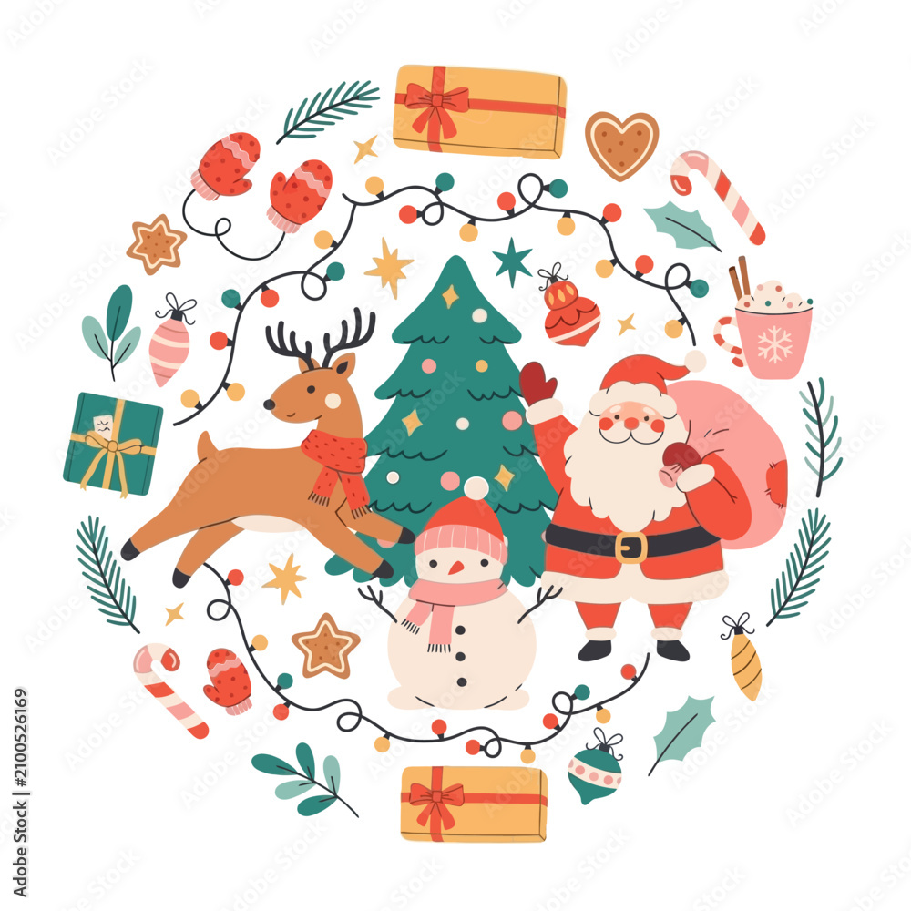 Fototapeta premium Charming Christmas Vector Illustration Featuring a Reindeer, Snowman, and Festive Decorations