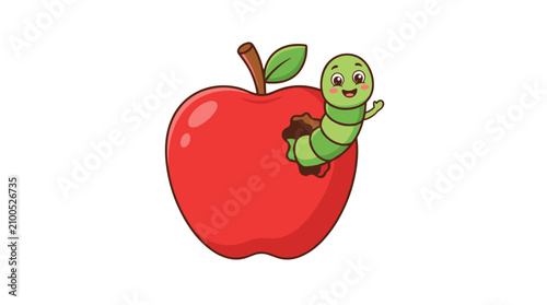 Cute cartoon caterpillar emerging from a red apple