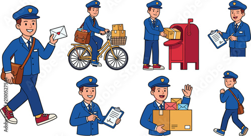 фотографія Postman mail carrier character vector illustration set delivering letters riding