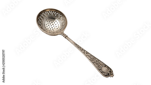 Photos Vintage ornate silver metallic slotted spoon kitchen serving utensil isolated on