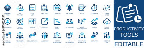 Productivity tools and collaboration solid icon set. Featuring leadership, teamwork, calendar, workflow automation, gantt chart, and time tracker. Editable vector icon for project management and work.