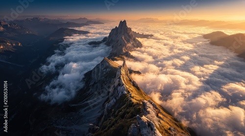 A spectacular panoramic aerial photograph capturing a sharp, jagged mountain ridge slicing through a massive, thick blanket of low-lying clouds at golden hour.
