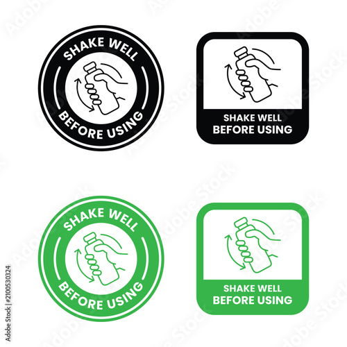 Konstfotografi Shake well before using pictogram with hands and coiled spring flat vector illus