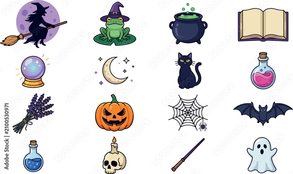 Naklejka premium Cute Halloween Magic Icon Collection with Witch, Black Cat, Cauldron, Pumpkin, Ghost, Potion and Spooky Hand Drawn Vector Set