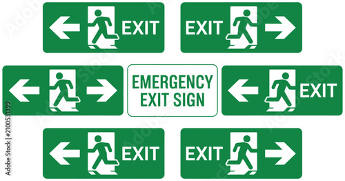 Emergency evacuation direction icon set vector illustration showing building exit route, directional arrows, emergency escape signs, and safety guidance designs