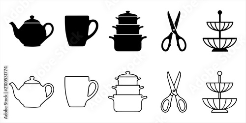 Vászonkép Black kitchen tools icons, spatula, whisk, knife, pot, pan, cooking utensils, silhouette, culinary icons, kitchenware vector graphics, chef icons