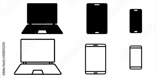 Responsive icon thin line and black silhouette flat style. Responsive electronic device layout icon set featuring smart phone tablet laptop and computer screen outline and silhouette vector symbols.