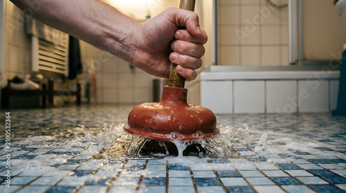 Close-up of a person's hand using a red rubber plunger to unclog a flooded bathroom floor drain with splashing water and soap suds, professional plumbing repair and home maintenance concept.
