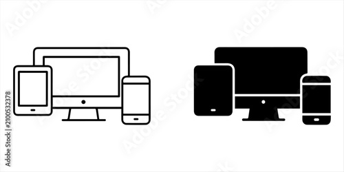 Laptop and Mobile icon - web black vector design. Laptop and Mobile icon. Desktop monitor, laptop, tablet, and smartphone collection with simple black outlines on a white background, representing mode