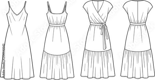Fotografi Fashion technical sketch set of stylish camisole dresses and wrap-style midi dresses with tiered skirt detailing for apparel design templates