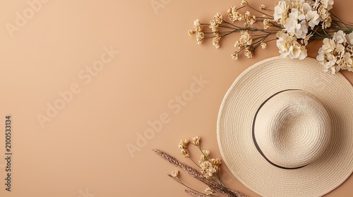 Stylish summer hat with decorative flowers on a soft beige background for fashion and lifestyle themes