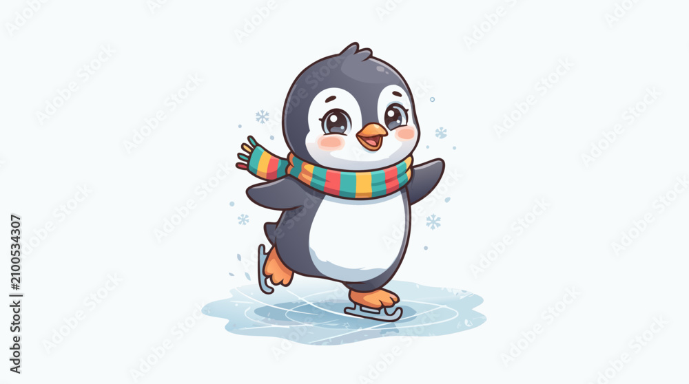 Fototapeta premium Cute Little Cartoon Baby Penguin Wearing a Colorful Striped Scarf Ice Skating on Frozen Ice